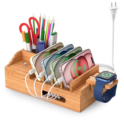 Bamboo Charging Station for Multiple Devices with 5 Port USB Charger, 5 Charger Cables and Apple Watch Stand. Wood Desktop Dock Stations Electronic Organizer for Cell Phone, Tablet, Watch, Office