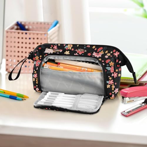 Image of Fisyme Flowers Hedgehogs Pencil Case Large Capacity Pencil Pouch Pen Bag Box Big Makeup Pencil Case Organizer