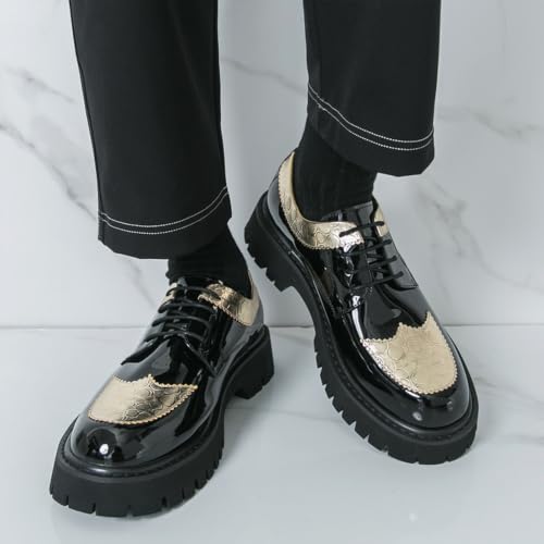 Image of Men's Patent Leather Platform Wingtip Oxford Shoes with Rivets Round Toe Lace Up Lug Sole Brogue Dress Shoes Comfortable Business Work Causal Derby Oxfords