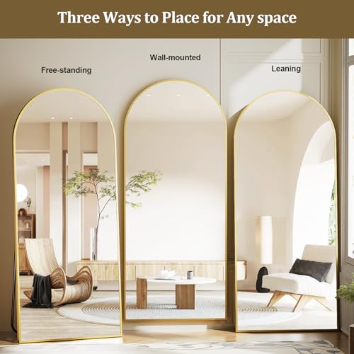 GLSLAND Arched Full Length Mirror - 68" x 24" Floor Mirrors Aluminum Alloy Frame Full Body Mirror for Cloak Room, Bedroom, Living Room,Gold