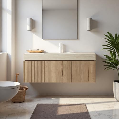 Image of 48 inch Bathroom Vanity with Sink, Wall-Mounted Plywood Bathroom Storage Cabinet with Ceramic Basin & Sintered Stone Countertop, Modern Pre-Assembled Floating Vanity with Drawer & Door, Oak