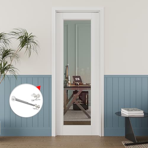 Image of 24 inch x 80 inch Clear Glass Pocket Door, Soft-Close Sliding Pocket Door with Frame & Hardware Kit Set, Primed All-Inclusive Interior Door Slab for Home, White, Need to Assemble