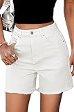 ELLEVEN Denim Jean Shorts Womens High Waisted Long Mom Shorts Straight Leg Raw Hem Stretchy Bermuda Mid Jorts Woman Mujer Causal Summer 5 Inch Inseam White Denim Medium