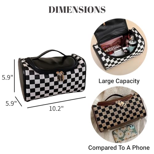 Checkered Makeup Bag Travel Purse Toiletry Bag Women Cute Cosmetic Case Portable Hanging Organizer for Essentials (Black)2