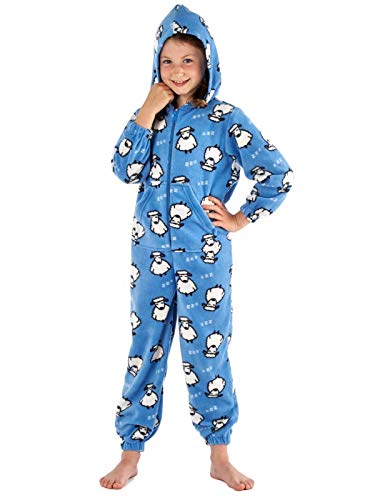 Girls Printed Fun Animal Zip Through, Hooded Polar Fleece Onesies Blue Sheep...