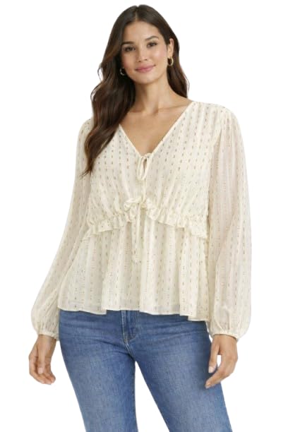 nobarr Women's Cream V-Neck Full Sleeve Tie-Up Peplum Top-picture-10