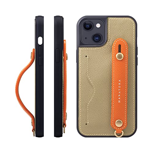 iPhone 14 Plus ケース 本革 グリップケース エンボスレザー ストラップ付属 片手操作 カードポケット スタンド機能 メンズ レディース グレージュ/オレンジ NCGH-14Plus-Grege-OG