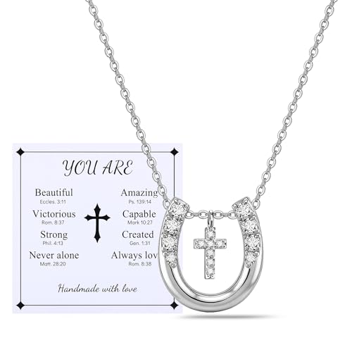 leejory Horse Gifts for Teens Women Trendy Christian Religious Good Luck Protection Stuff Spiritual Gift for Women Faith and Horses Lover 17.5in+2in Cross Horseshoe Necklace Female Friend Family