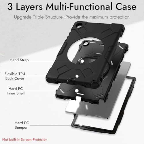 Image of Robustrion Cover for Samsung Tab A11 Plus 11 inch, Armor Shockproof Cover with [Shoulder Strap] and [360 Degree Rotating Hand Strap and Stand] for Galaxy Tab A11+ 11 inch - Black
