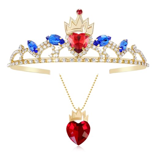 Evie Royal Red Heart Necklace and Princess Gold Tiara Crown Descendant Headdress Jewelry Set Queen of Hearts Costume Jewelry for Halloween
