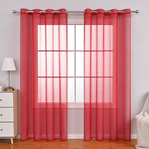 Lukery Rideau Voilage Lot de 2 Rideaux Voilage, Couleur Unie Intérieurs Rideau Fenetre pour Salon Fenetre Moderne Panneaux de Rideaux Intérieurs (Rouge 1,100x200cm)
