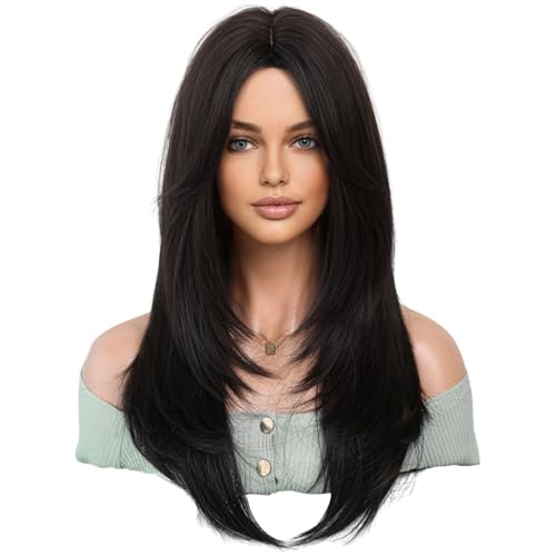 Perruque à frange pour femme noire de 61 cm lisse et dégradée pour un volume naturel
