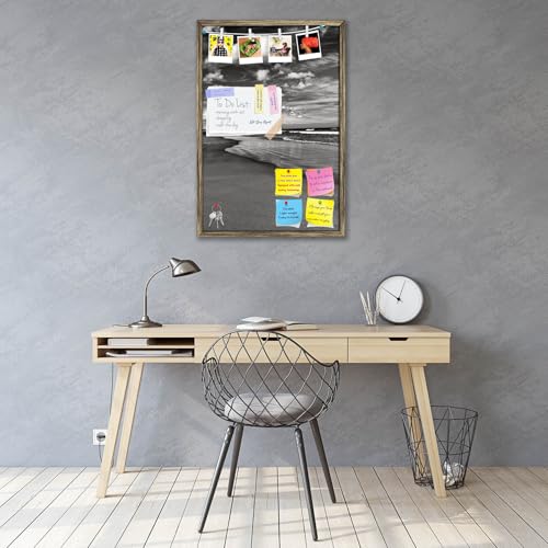 Image of ArtzFolio Sea, Air, & Land Monochrome Contrast | Bulletin Board Notice Pin Board | Vision Soft Board Combo with Thumb Push Pins & Sticky Notes | Antique Golden Frame | 16 x 24 inch (41 x 61 cms)