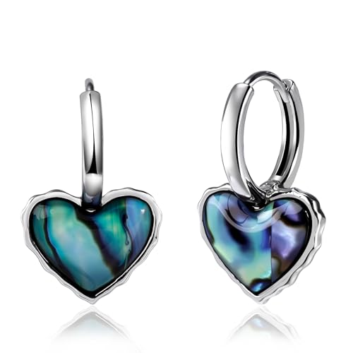 Abalone Shell Heart Hoop Earrings Silver Cute Heart Huggie Dangle Drop Earrings for Women Hypoallergenic Silver Jewelry