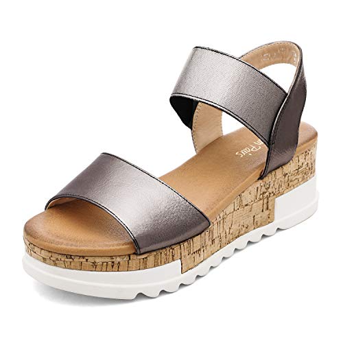 DREAM PAIRS Womens Open Toe Strap Casual Flatform Platform Wedges Sandals 6.5 Pewter