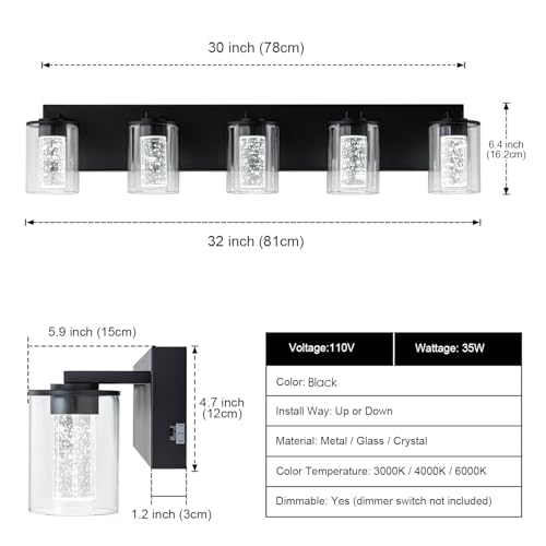 Image of SineRise Bathroom Vanity Light with 3 Color Modes (3000K /4000K /6000K), Eye Protection LED Bathroom Light Fixture, Dimmable Modern Wall Light Over Mirror with Clear Glass Shade (Black, 5-Light)