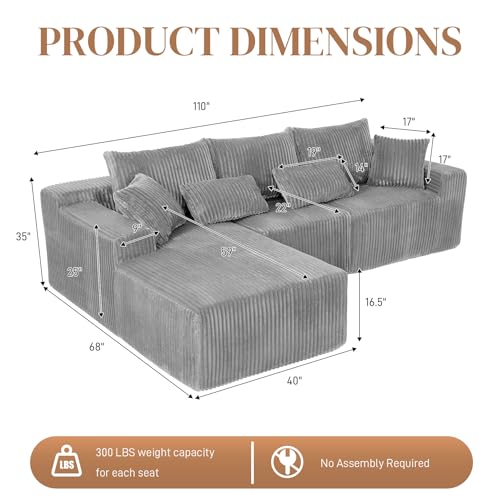 Image of 110 inch L Shaped Cloud Boneless Sectional Couches for Living Room, Modern Comfy Modular Deep Seat Memory Foam Compressed Corduroy Sofa Oversized Left Facing Chaise, No Assembly Required, Grey