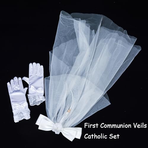 Image of First Communion Veil and White Gloves Headband Headpiece for Communion Day