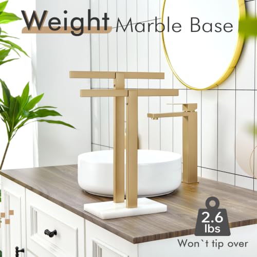 Image of KOKOSIRI Hand Towel Bars Standing Towel Racks with Marble Base for Bathroom Kitchen Vanity Countertop, Champagne Bronze Stainless Steel 15.7'' Height THS0001-SM-CPG