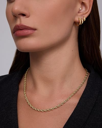 PAVOI Waterproof Rope Chain Necklace for Women - 14K Yellow Gold Plated Dainty Stainless Steel Adjustable Thin Gold Rope Chain Necklace - Trendy Fashion Jewelry