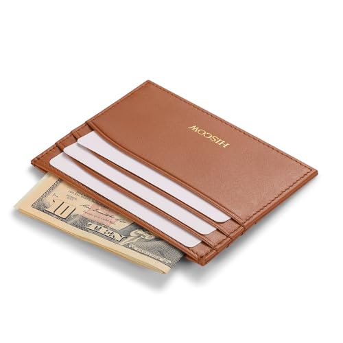 Image of HISCOW Slim Full Grain Leather Card Holder, Cognac | Men's minimalist EDC wallet, front pocket carry, 6 credit card slots & center pocket, fits folded bills, premium gift box
