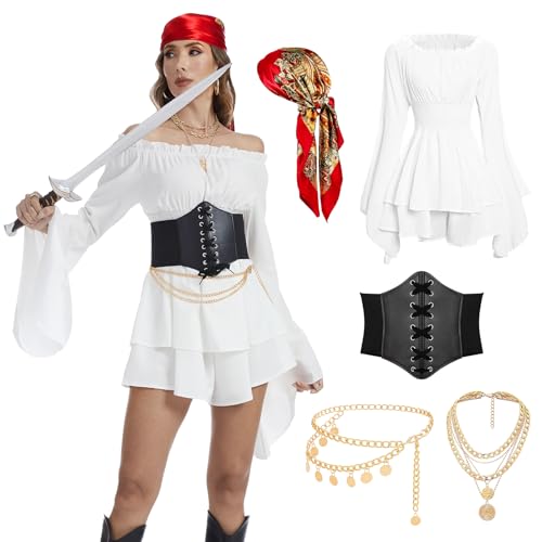 AJGEGJE Piratenkostüm Damen Set, Mittelalter Piraten Off Shoulder Kleid mit Korsett, Kopftuch, Piratenhalskette, Waist Chain für Karneval Partys und Maskeraden (Weiß, XS)