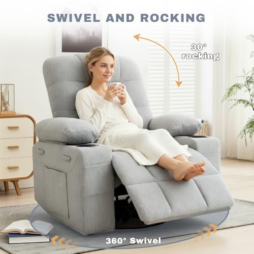 Image of Swivel Rocker Recliner Chair, Recliner Single Sofa with Massage, Manual Nursery Rocking Chair with Side Pockets & Cup Holder, Modern Recliner with Heating for Living Room, Apartment(Gray)