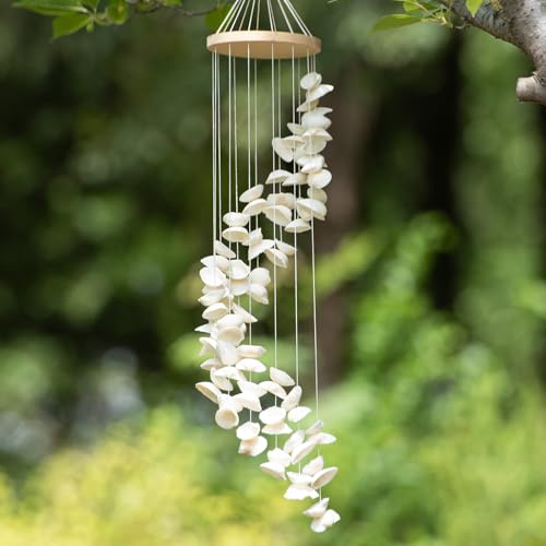 White Seashells Wind Chimes for Outside, Handmade Spiral Shape Beach Style Shells Windchime for Patio and Garden Hanging Decor, Beach & Coastal Decor, Sunroom Decoration, Ocean Themed Party