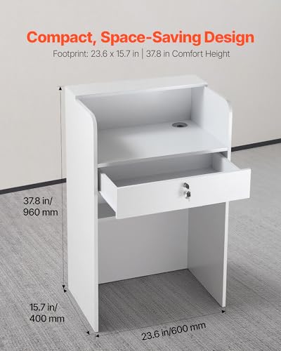 VEVOR Comptoir de Réception, 60 cm Bureau d'accueil Rectangulaire avec Tiroir Verrouillable, Table de Caisse Compacte pour Bureau, Hall d'Entrée, Salon et Boutique, Meuble d'accueil Moderne, Blanc – vue 3