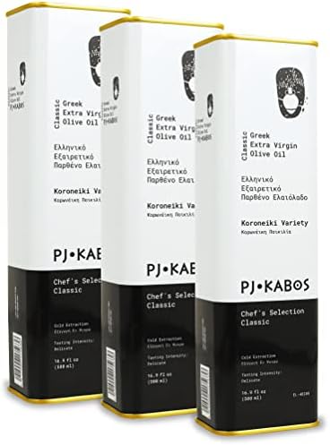 PJ KABOS Greek Extra Virgin Olive Oil - Certified Pure First-Cold Pressed From Greece - High Phenolic, Delicate Taste - Everyday Groceries All Purpose EVOO - Classic Set of 3 Tins, (3x16.9 fl oz)