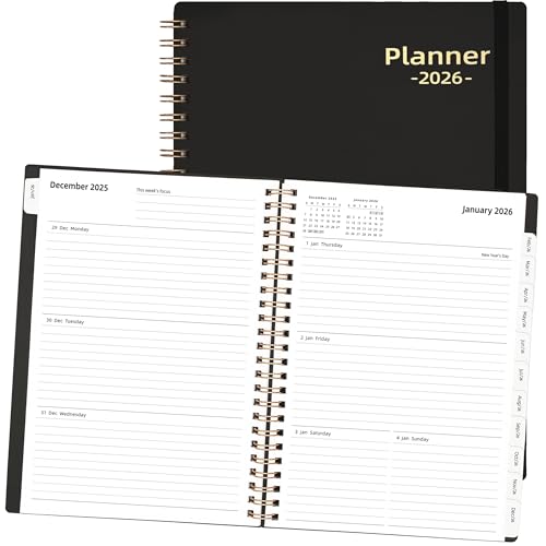 2026 Daily Planner Jan.2026-Dec.2026 6.2 x 8.4 2026 Planner Weekly and Monthly Calendar Planner 2026 with Tabs & Pocket 100GSM Thick Paper Black