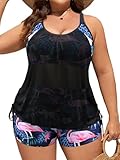 Womens Plus Size Swimsuit Tummy Control Tankini Bathing Suit Tops with Boyshorts Mesh Flamingo 22W/5XL