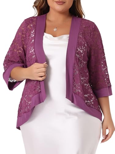 Image of Agnes Orinda Plus Size Cardigans for Women 3 /4 Sleeve Open Front Lightweight Sheer Shrug Lace Bolero Cover Up 3X Purple