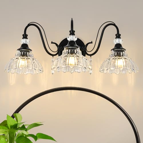 Image of Black Bathroom Vanity Light, 3-Light Matte Black Finish Farmhouse Wall Sconce with Hanging Crystal Accents and Flower-Shaped Clear Glass Shades, Retro Wall Mount Vanity Light Over Mirror for Bathroom
