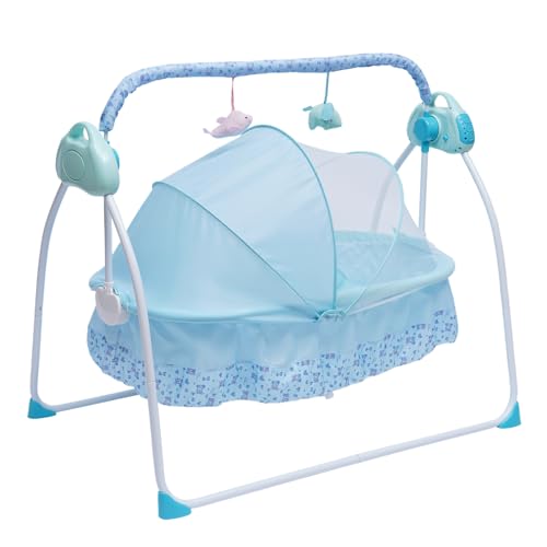 Image of anezdbozr Electric Baby Cradle Swing, Foldable and Portable Baby Swing, 5 Speed Infant Rocking Chair Auto Bed with Remote Control & Music, 55LBS Capacity, for 0-18 Months (Blue)