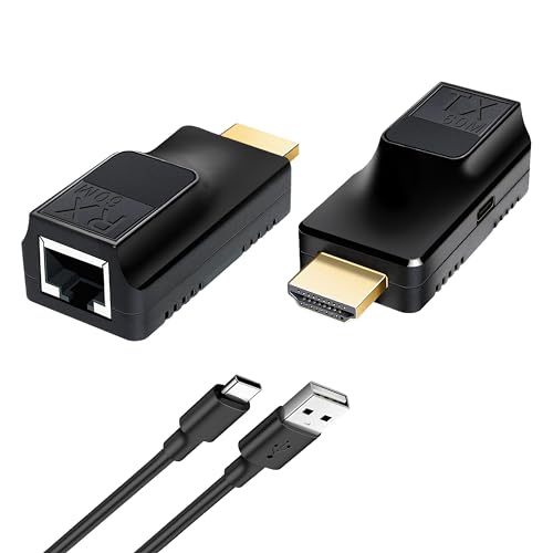KUYIA Extensor HDMI de 60 m con 1080P a 60 Hz 3D HDMI repetidor RJ45 a HDMI convertidor de transferencia individual por Cat5e/Cat6/Cat7 OFC cable con adaptador de corriente de 5 V