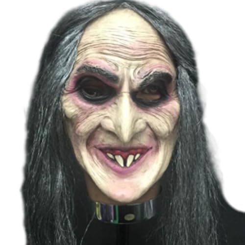 Máscara de bruxa com capuz para Halloween - disfarce de látex com peruca - festa de disfarces