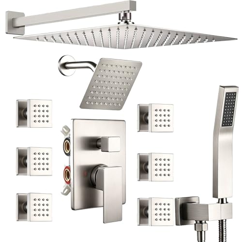 Image of Shower System Brushed Nickel Dual Shower Head with Body Jets, Oupukle Four Modes Shower Faucet Set Wall Mounted 12 inch & 6 inch Rain Shower Head with 6PCS Body Jets