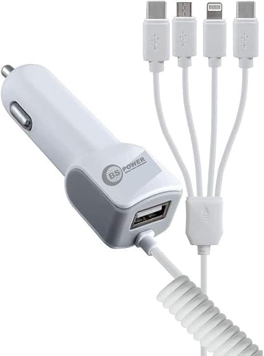 Bs Power 4-in-1 Fast Car Charger 22.5W Output with USB Port, Dual Type-C, Micro USB & iPin Cable, Universal Multi Device C...