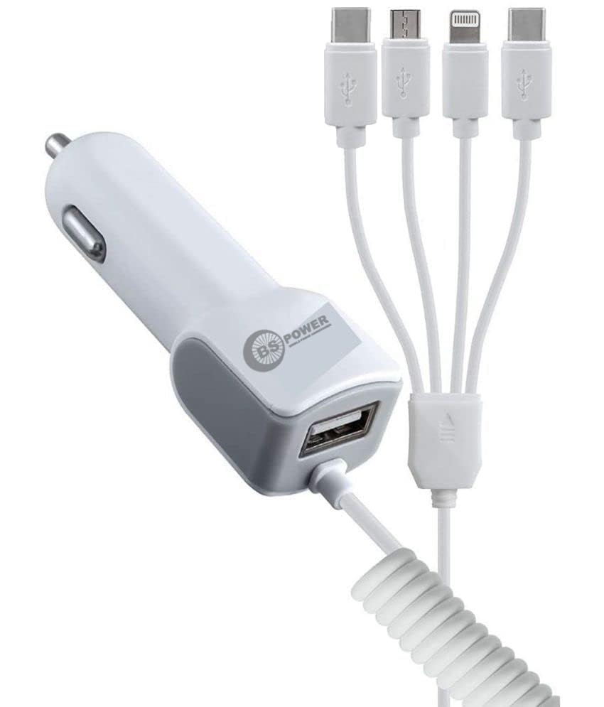 Bs Power 4-in-1 Fast Car Charger 22.5W Output with USB Port, Dual Type-C, Micro USB & iPin Cable, Universal Multi Device C...