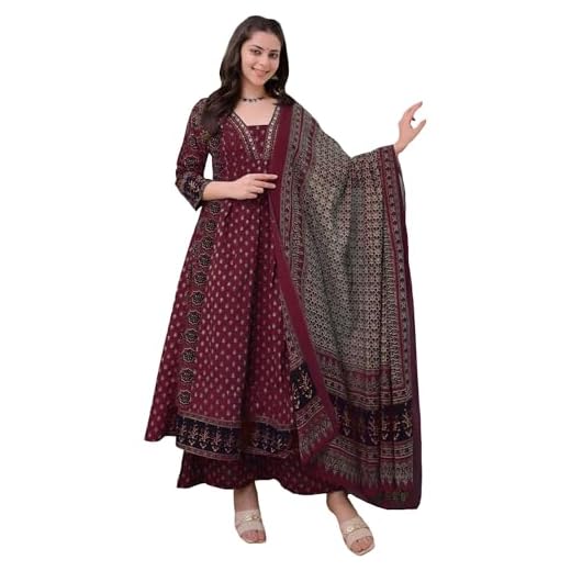 ANNI Designer Women’s Rayon Viscose Anarkali Kurta with Palazzo & Dupatta, Wine