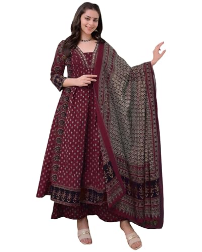 ANNI DESIGNER Women's Rayon Viscose Anarkali Printed Kurta with Palazzo & Dupatta (NAKULA Wine-VKS01_L_Wine_Large)