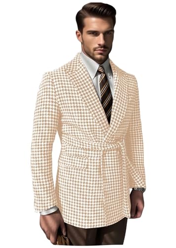 Men's Houndstooth Blazer Jacket with Belt Double Breasted Fall Spring Sport Coat for Business Casual - Main Image