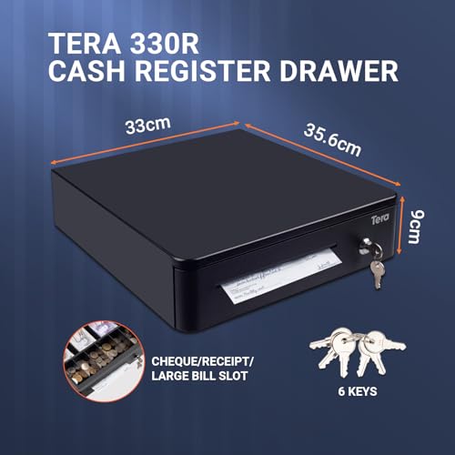 Tera 330R Kassenschubladenbox mit 6 Schlüsseln, 3 Geldscheine 6 Münzfach, 35,6 x 33 x 9 cm, für POS-System, abnehmbares Münzfach, 12 V, RJ12, Key-Lock-Media-Schlitz für Geschäfte, Unternehmen