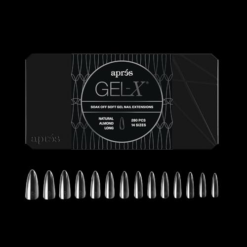 Apres Gel-X Almond Box of Nail Tips | 280 Gel-X Tips Soft Tips 14 Sizes 00-9 | Half-sizes Included (Natural Almond Long 280 Count)