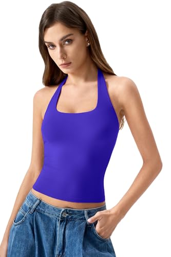 Image of QINSEN Womens Halter Top Double Lined Tank Top Sleeveless Open Back Slim fit Going Out Tops
