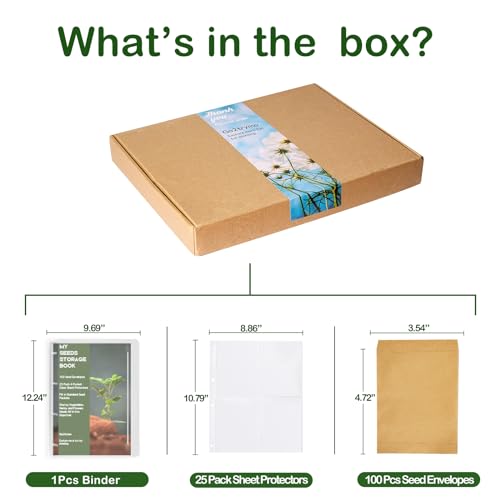 Go2trymo Saatgut-Organizer, 100 Samen-Aufbewahrungsumschläge, 25 Stück, 4 Taschen, transparente Hüllen, Schlitzgröße 9,9 x 13,2 cm, passend für Standard-Samenpakete und 1 Stück 4-Ringordner, grün