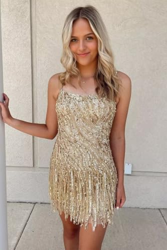 Sparkly Sequin Homecoming Dresses Spaghetti Straps Tight Short Cocktail Party Dress with Tassels for Teens4