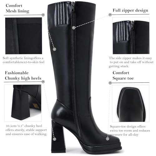 ZXHYZLZ Slim Calf Boot Knee High for Women Square Toe Chunky Heeled Platform Tall3
