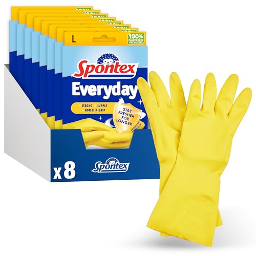 Spontex Everyday Rubber Gloves | Large Size | Antibacterial Protection | Non-Slip Grip | Natural Latex with 100% Recycled Cotton Lining | 8 Pairs